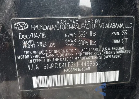 2019 Hyundai Elantra Sel from USA, damaged, VIN 5NPD84LF2KH443953